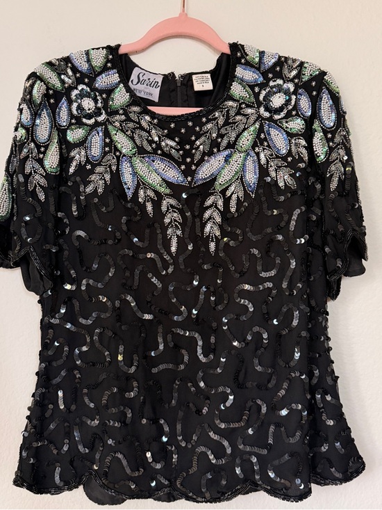 Sarin New York Tops - Vintage Sazin New York Beaded Silk Blouse Black Sequin Embellished Top S